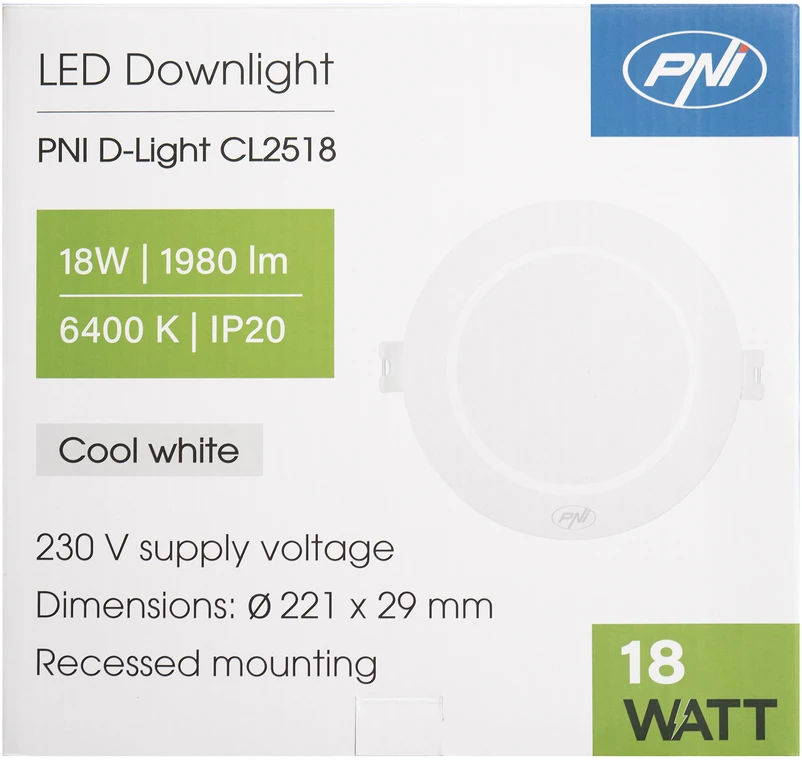 LED prožektorius PNI D-Light CL2518 18W, įleidžiamas, apvalus 22 cm, 6400K, 230V maitinimo šaltinis, 1980 lm, šaltai balta spalva