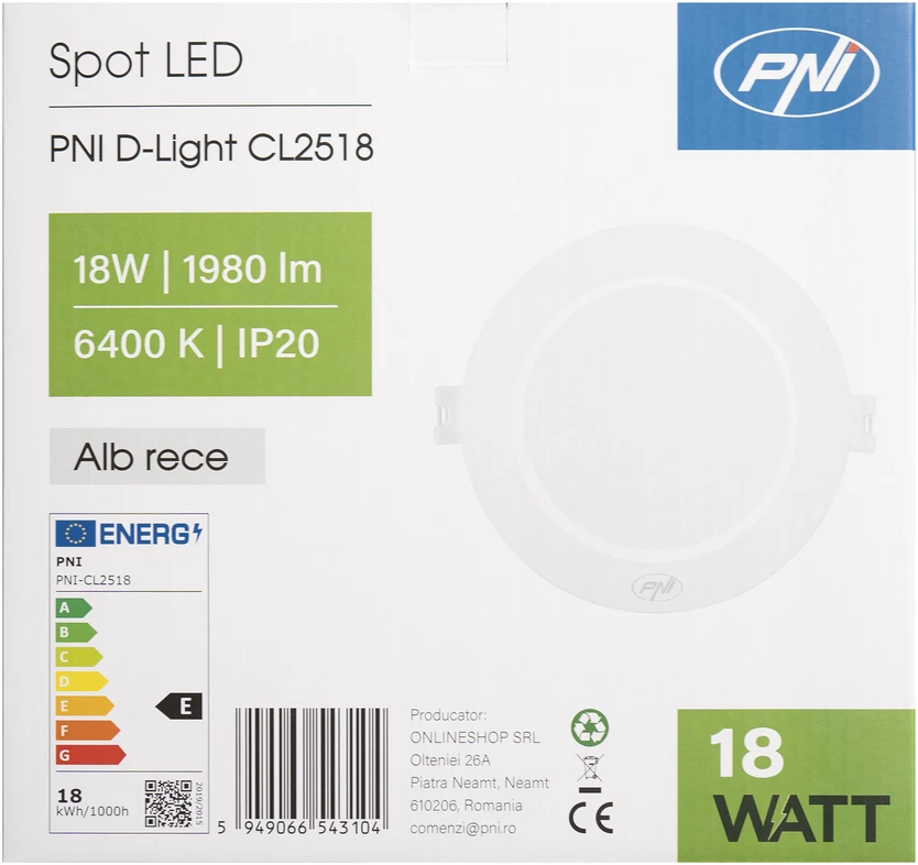 LED prožektorius PNI D-Light CL2518 18W, įleidžiamas, apvalus 22 cm, 6400K, 230V maitinimo šaltinis, 1980 lm, šaltai balta spalva
