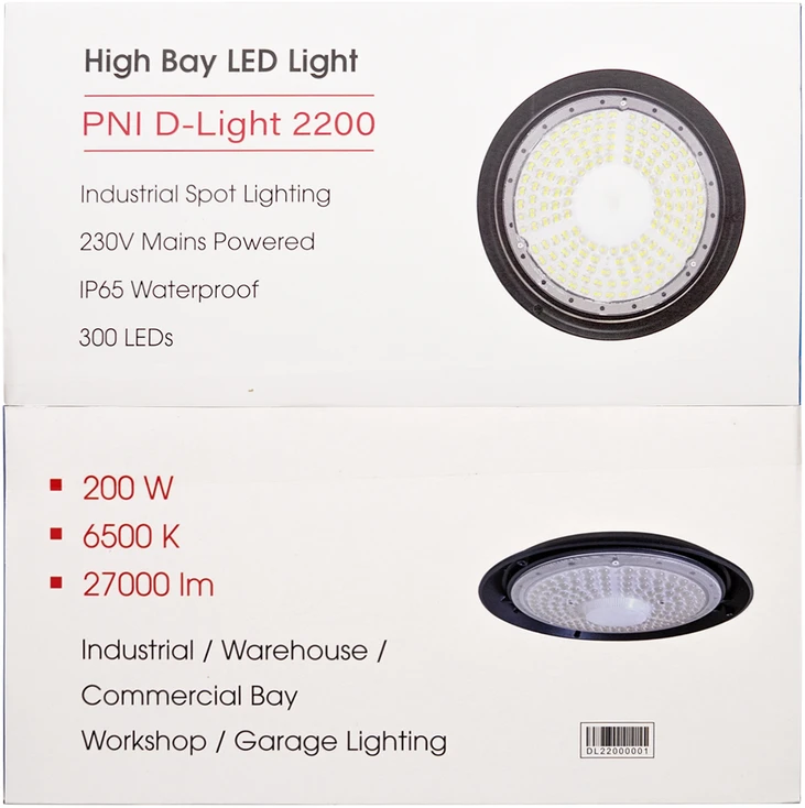 LED šviestuvas PNI D-Light 2200 tipo High Bay, 200W, 27000lm, 6500K, 230 V maitinimo šaltinis, IP65, pramoniniam apšvietimui aukštose patalpose