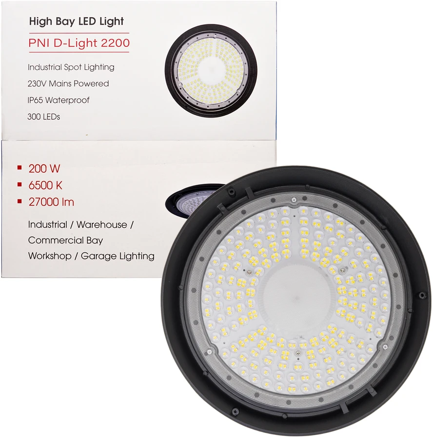 LED šviestuvas PNI D-Light 2200 tipo High Bay, 200W, 27000lm, 6500K, 230 V maitinimo šaltinis, IP65, pramoniniam apšvietimui aukštose patalpose