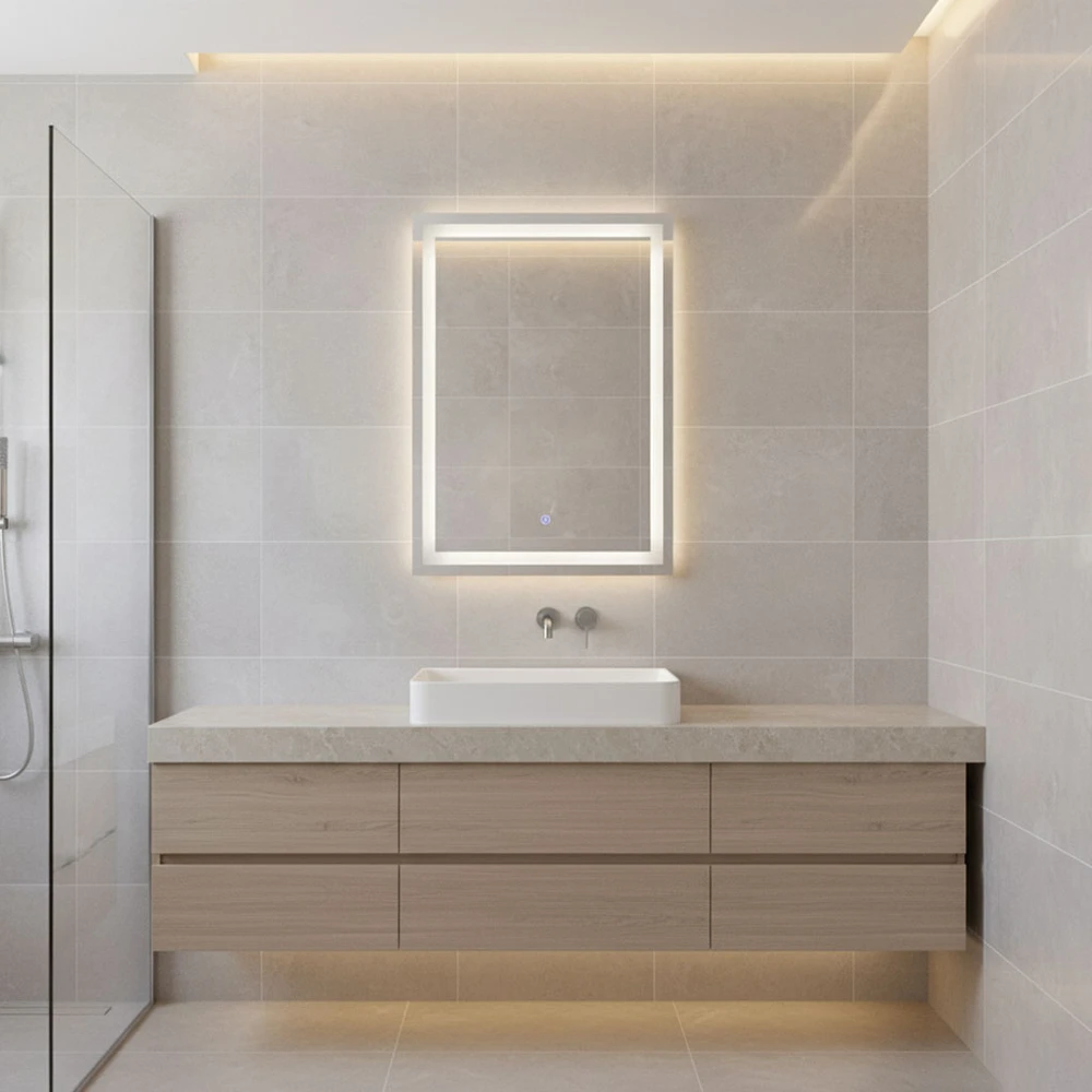 LED vonios veidrodis, montuojamas ant sienos, 50×70 cm, 3 spalvų, jutiklinis jungiklis, ModernHome
