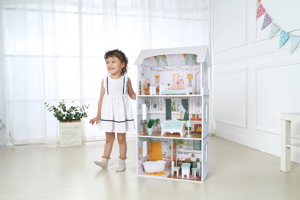 Lėlių namas Alice ECOTOYS, 3 aukštai, 4 kambariai, 9 baldų komplektas