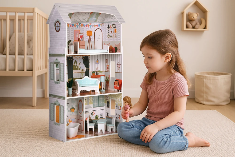 Lėlių namas Alice ECOTOYS, 3 aukštai, 4 kambariai, 9 baldų komplektas