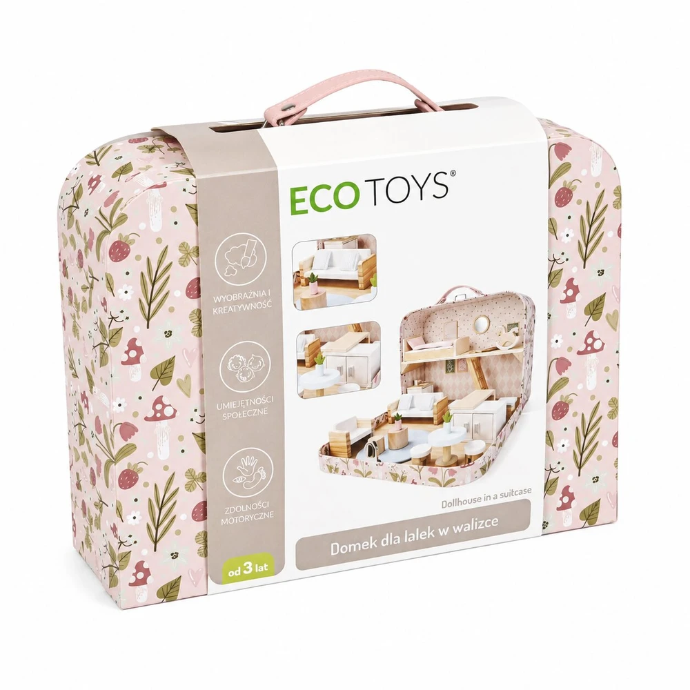 Lėlių namelis lagaminėlyje, dviaukštis, su mediniais baldais, 20 priedų rinkinys ECOTOYS