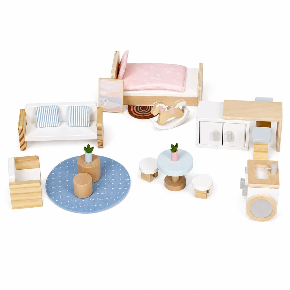 Lėlių namelis lagaminėlyje, dviaukštis, su mediniais baldais, 20 priedų rinkinys ECOTOYS