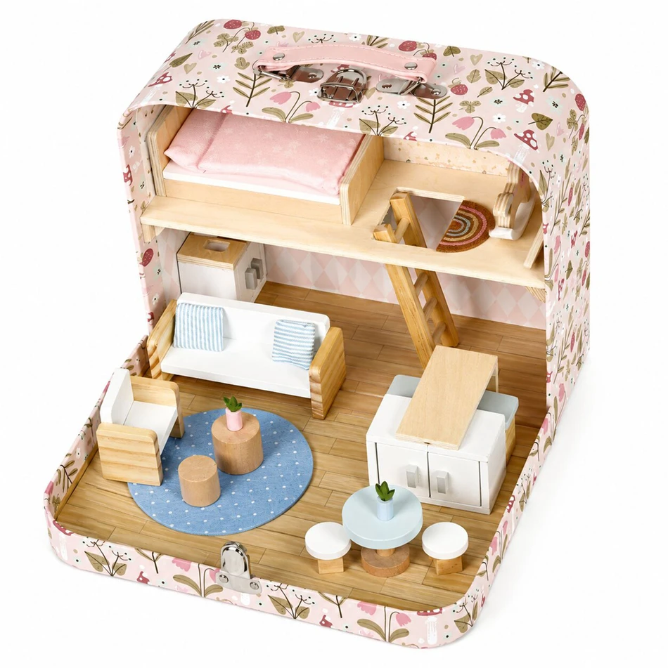 Lėlių namelis lagaminėlyje, dviaukštis, su mediniais baldais, 20 priedų rinkinys ECOTOYS