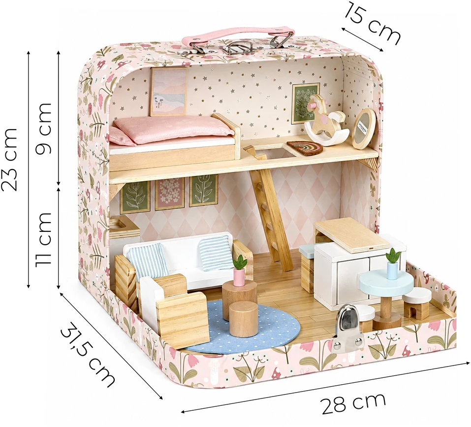 Lėlių namelis lagaminėlyje, dviaukštis, su mediniais baldais, 20 priedų rinkinys ECOTOYS