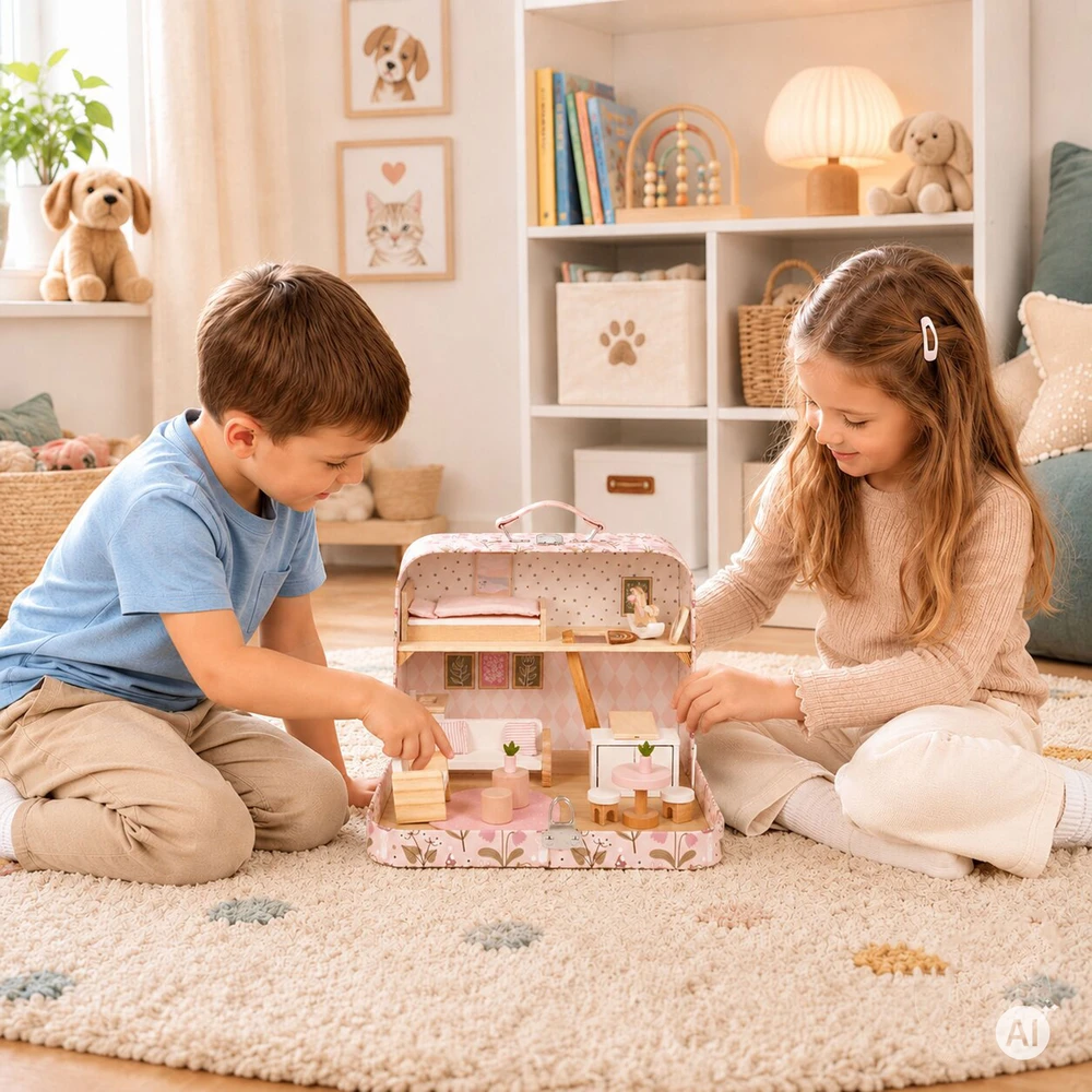 Lėlių namelis lagaminėlyje, dviaukštis, su mediniais baldais, 20 priedų rinkinys ECOTOYS