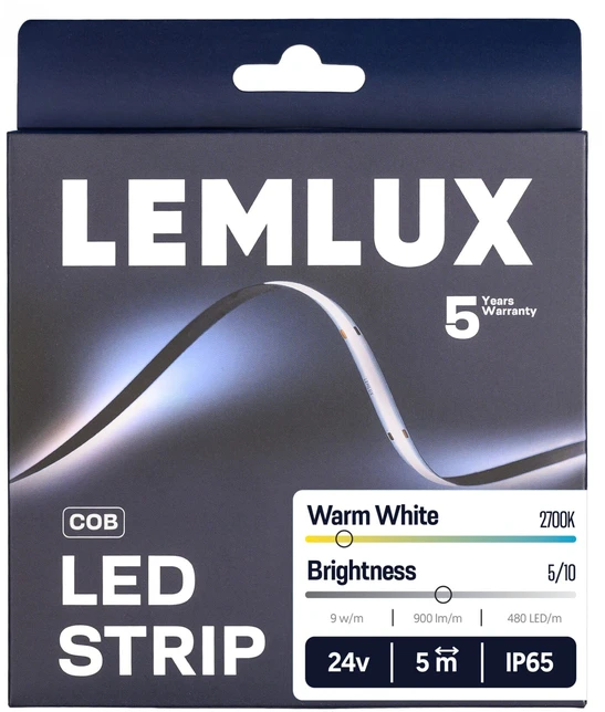Kita Lemlux LED juosta, 5m ritė, 24Vdc, 9W/m, COB 480LED/m, 900lm, šiltai balta 2700K, IP65, 180°