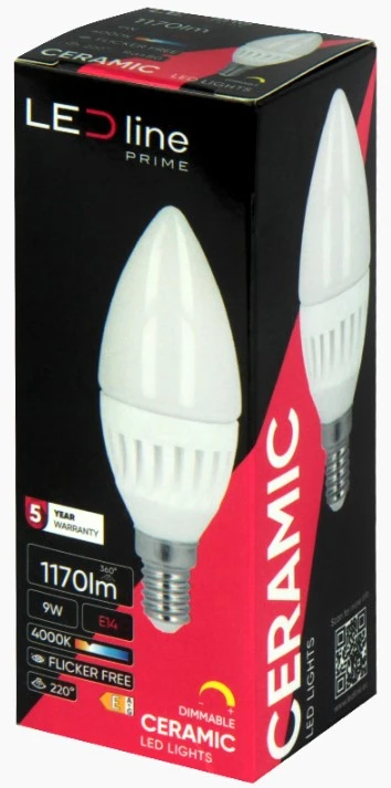 Lemputė LED E14 230V 9W 1170lm žvakės formos, šiltai balta 2700K, pritemdoma, LED line PRIME