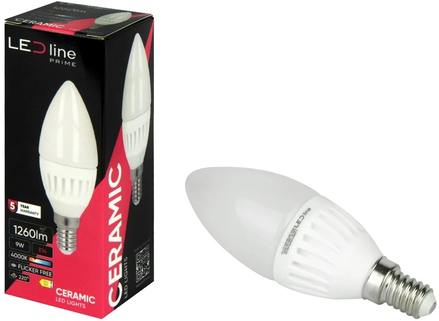 Lemputė LED E14 230V 9W 1260lm žvakės formos, 4000K, keramikinė, LED line PRIME