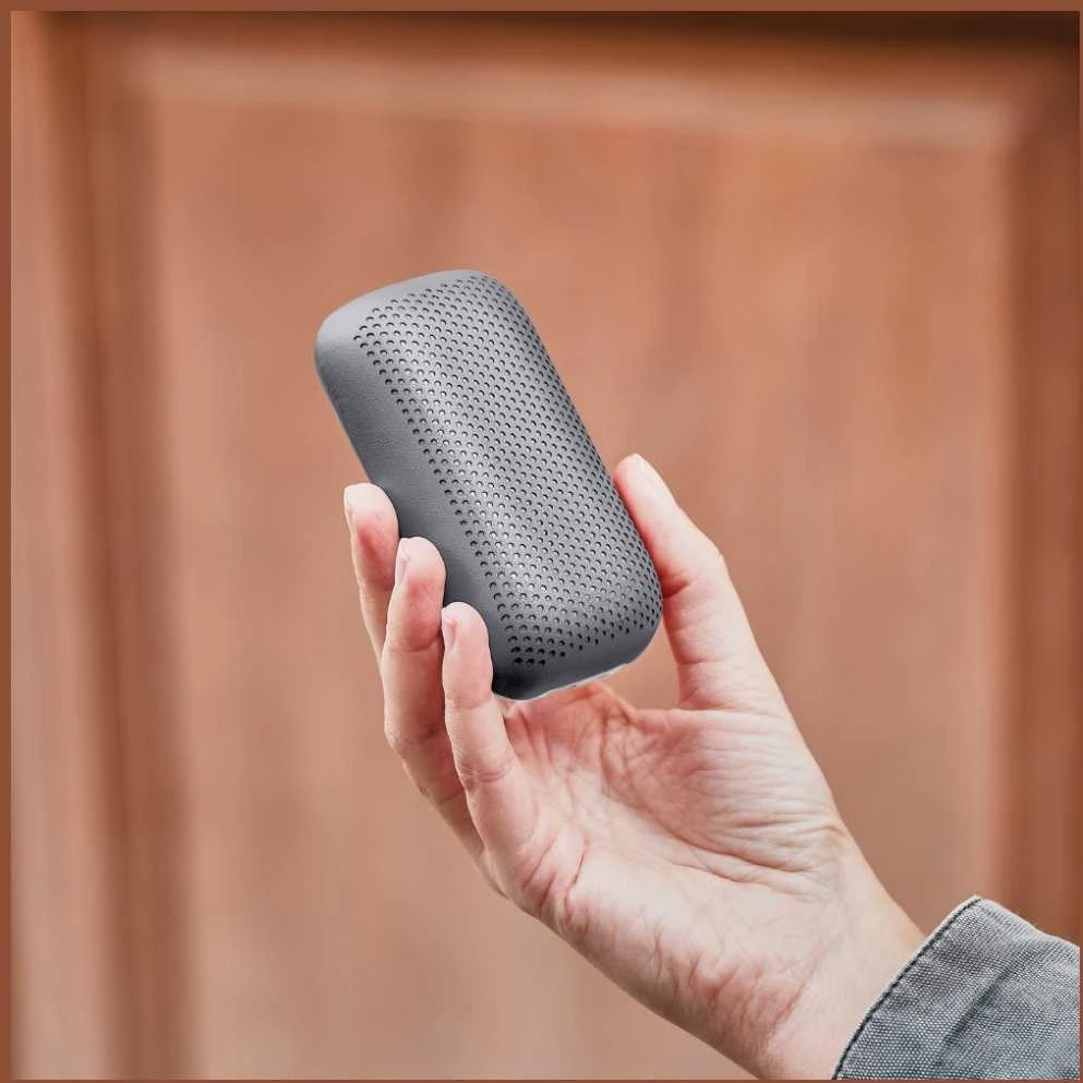 Lexon Speakerbuds pilkas įkrovimo dėklas rankoje