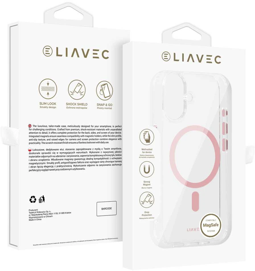 Liavec Glossy Magsafe Clear dėklas skirtas Apple iPhone 16 rožinės spalvos