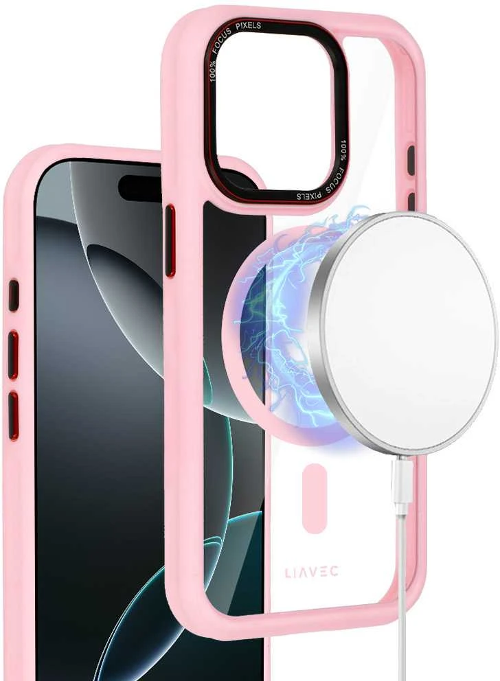 Liavec Hybrid Magsafe Clear dėklas skirtas iPhone 15 Pro rožinės spalvos