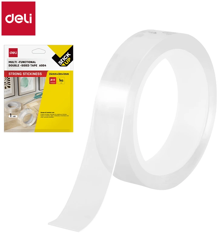 Lipni juosta DELI 24 mm x 3 m x 1 mm, dvipusė, skaidri