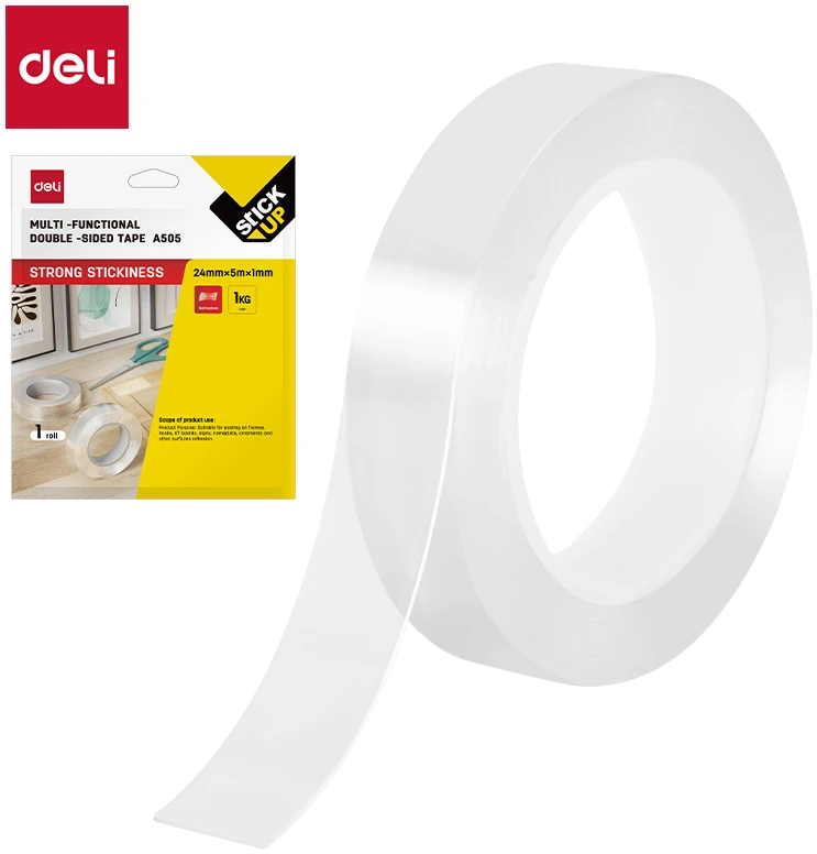 Lipni juosta DELI 24 mm x 5 m x 1 mm, dvipusė, skaidri