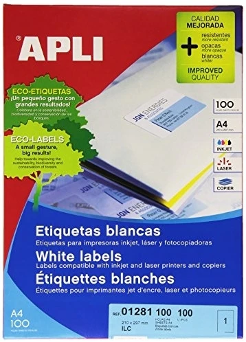 Lipnios etiketės Apli, A4, 210x297mm, 1 etiketė lape, 100 lapų, baltos spalvos