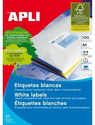 Lipnios etiketės Apli, A4, 48.5×16.9mm, 68 etiketės lape, 100 lapų, baltos spalvos
