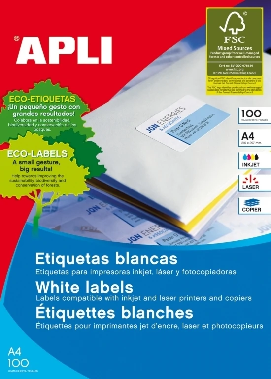 Lipnios etiketės Apli, A4, 48.5×16.9mm, 68 etiketės lape, 100 lapų, baltos spalvos