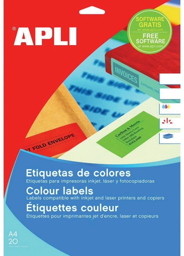 Lipnios etiketės Apli, A4, 70x37mm, 24 etiketės lape, 20 lapų, mėlynos spalvos