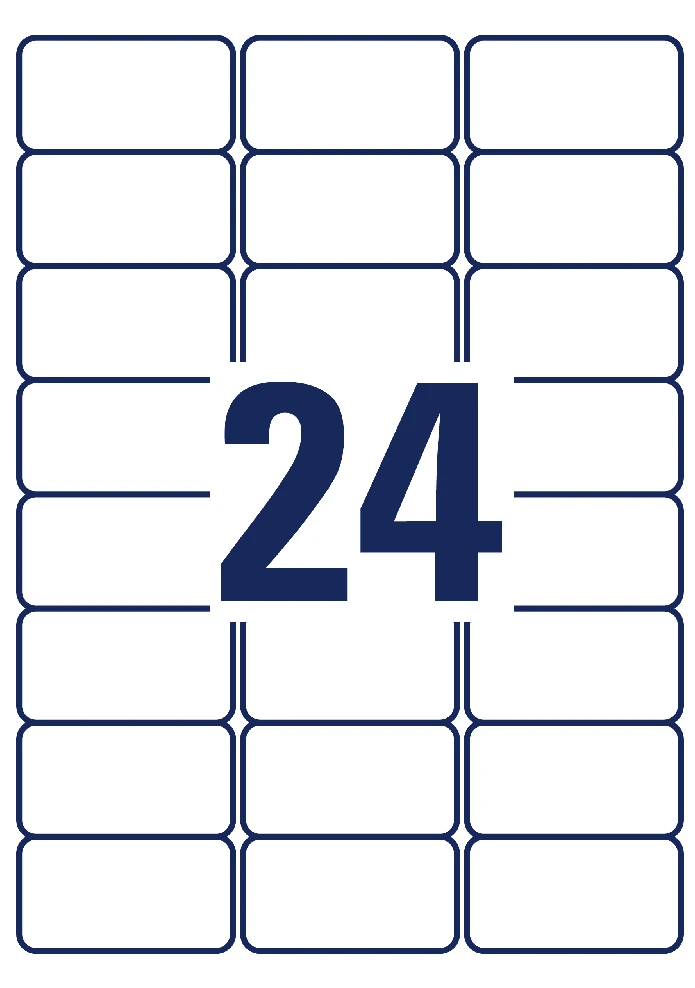 Lipnios etiketės Avery Zweckform, A4, atsparios drėgmei, 63.5×33.9mm, 24 etiketės lape, 20 lapų, matinės, permanentinės, baltos spalvos