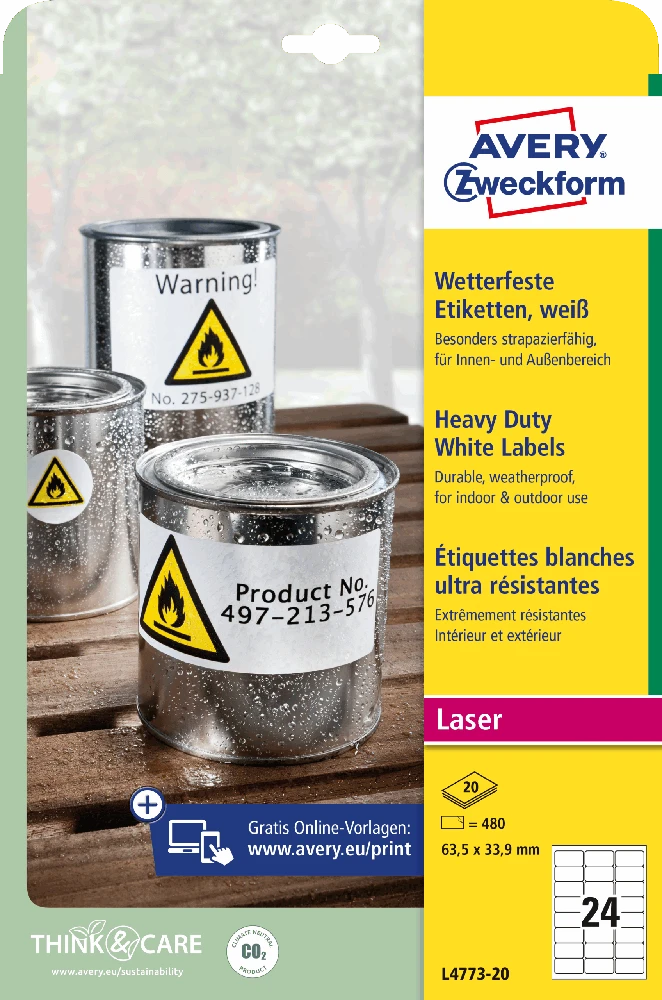 Lipnios etiketės Avery Zweckform, A4, atsparios drėgmei, 63.5×33.9mm, 24 etiketės lape, 20 lapų, matinės, permanentinės, baltos spalvos