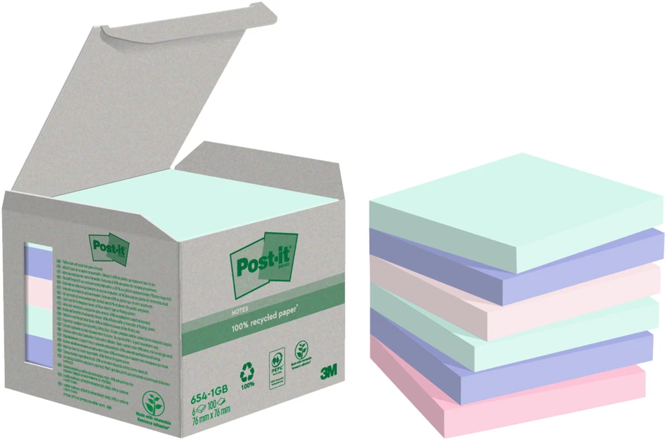 Lipnūs lapeliai 3M Post-it® Recycling Assorted 76mmx76mm 6vnt. po 100 lapelių
