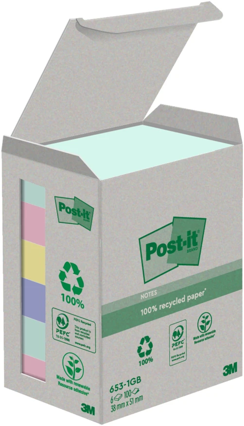 Lipnūs lapeliai 3M Post-it® Recycling Assorted 38mmx51mm 6vnt. po 100 lapelių