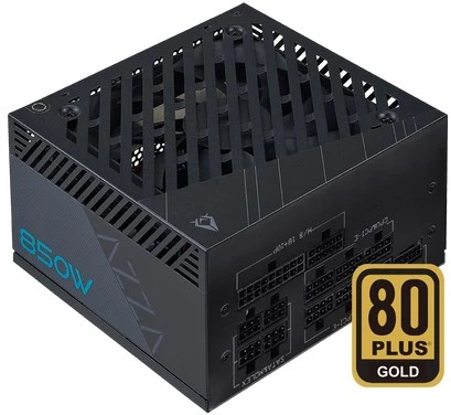 Linkworld AZZA PSU 850W visiškai modulinis ATX3.0 80+ GOLD sertifikuotas, tylus 120 mm ventiliatorius, 1 x PCI-e 5.0 (1 x 12+4 kontaktų), 1 x 20+4 kontaktų, 2 x 4+4 kontaktų 12 V, 4 x 4 kontaktų Molex, 9 x Sata, 4 x 6+2Pin PCI-E, PSAZ-850G
