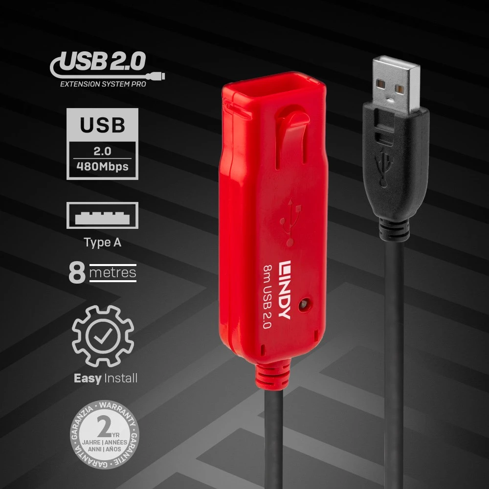 USB Prailginimo Laidas - LINDY USB 2.0 Aktyvus Prailginimo Laidas Pro Extend Type M/F, 8 m, Juodas