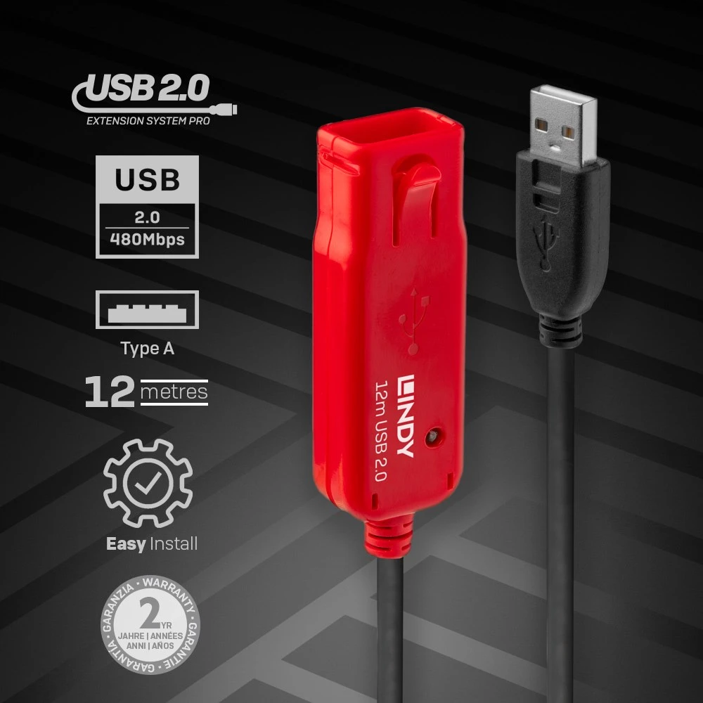 USB Prailginimo Laidas - LINDY USB 2.0 Aktyvus Prailginimo Laidas Pro Extend Type M/F, 12 m, Juodas