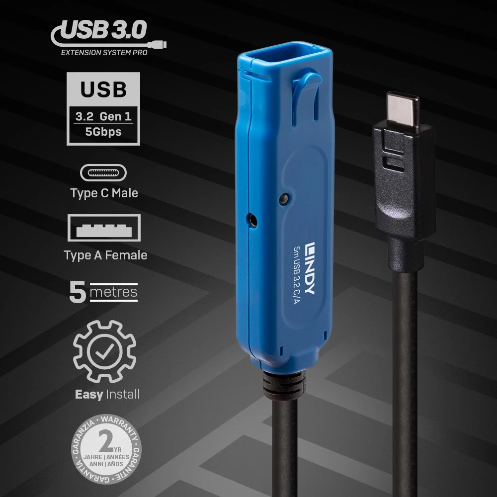 Adapteris - LINDY USB 3.2 Aktyvus Prailginimo Kabelis, USB Type C į A, 5 m, Juodas