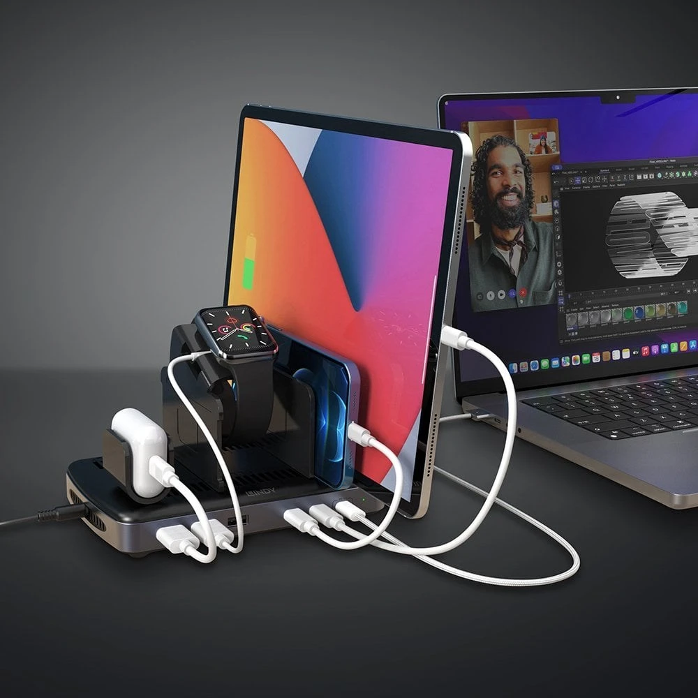 USB Įkrovimo Stotis - LINDY 160W 6 Prievadų Išmanusis Įkroviklis 3A USBType A ir C
