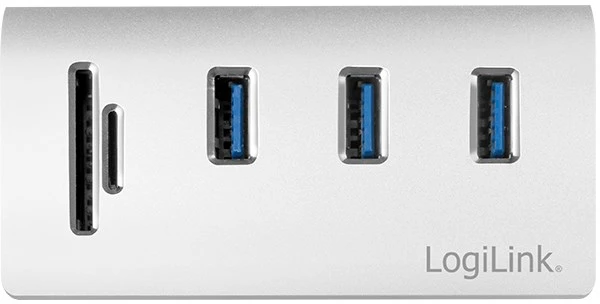 LOGILINK CR0045 LOGILINK - USB 3.0, 3 prievadų šakotuvas, su kortelių skaitytuvu ir aliuminio korpusu