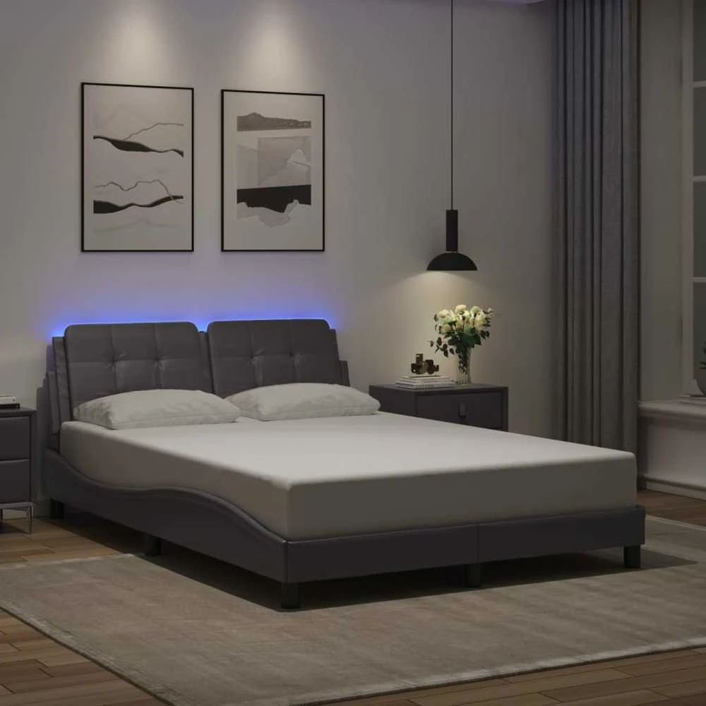 Lovos rėmas su LED, pilkos spalvos, 140x190cm, dirbtinė oda