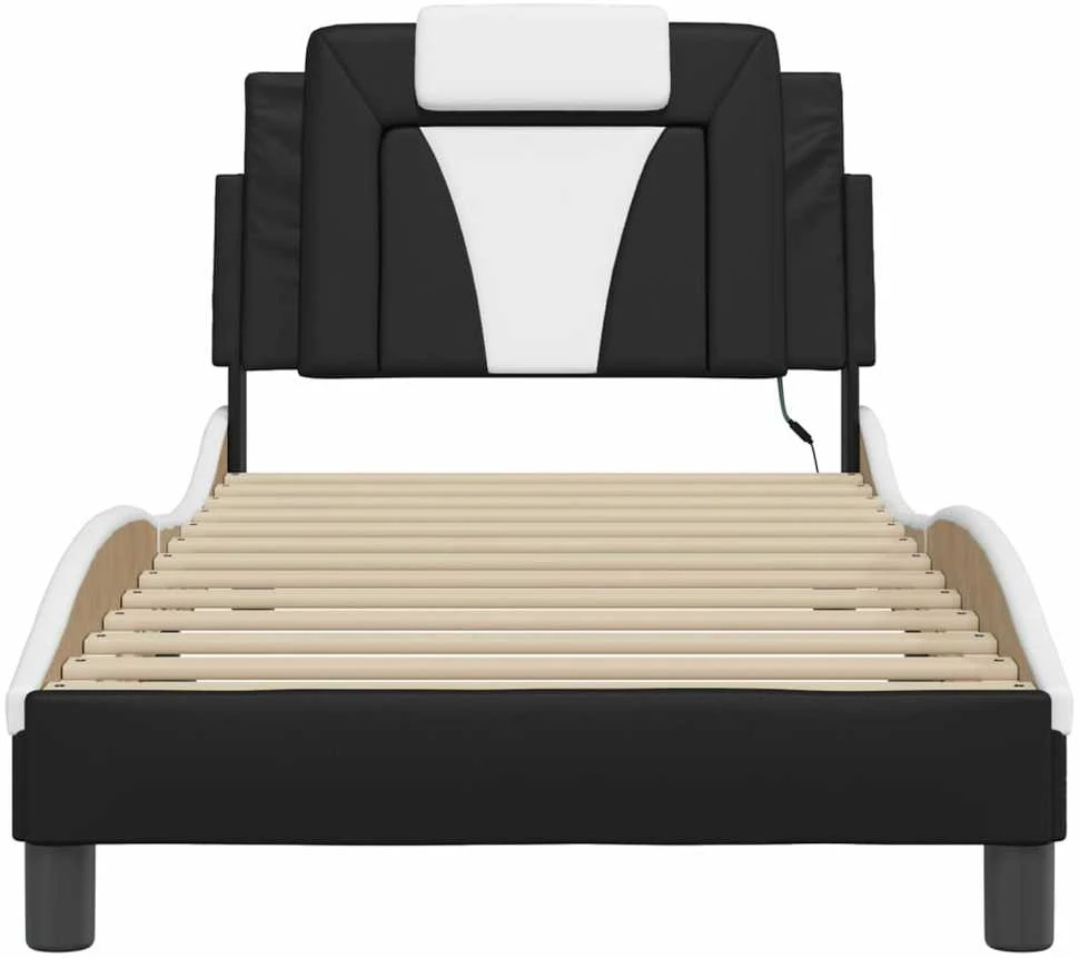 Lovos rėmas su LED, juodas ir baltas, 90x190cm, dirbtinė oda
