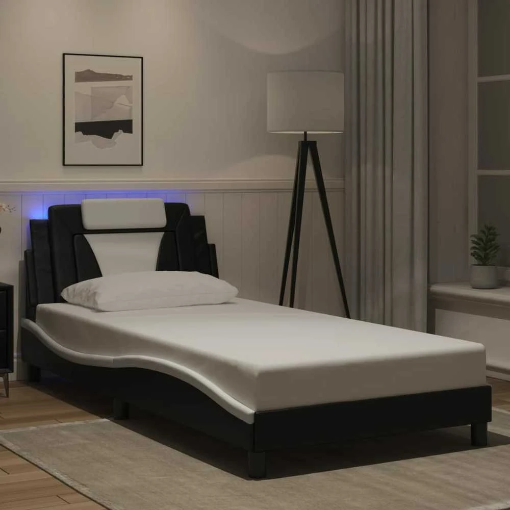 Lovos rėmas su LED, juodas ir baltas, 100x200cm, dirbtinė oda