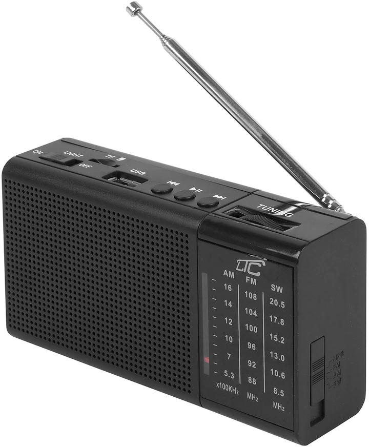 LTC nešiojamas radijo imtuvas REGA, USB, TF, AUX, mini LED žibintuvėlis, juodas