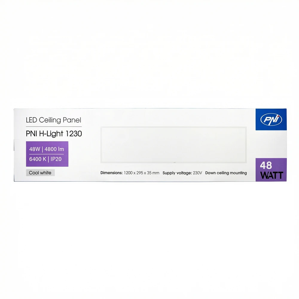Lubinis šviestuvas PNI H-Light 1230 48W LED panelė, 1200x300mm, 4800lm, 6400K, vidaus patalpoms, įmontuojama, šaltai balta
