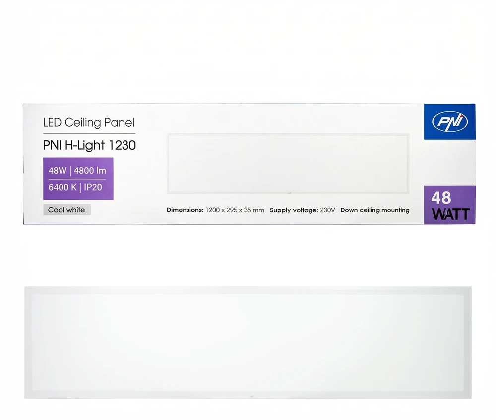 Lubinis šviestuvas PNI H-Light 1230 48W LED panelė, 1200x300mm, 4800lm, 6400K, vidaus patalpoms, įmontuojama, šaltai balta