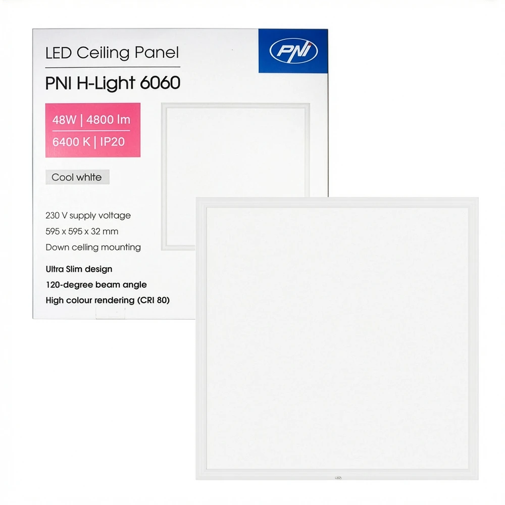 Lubinis šviestuvas PNI H-Light 6060 LED panelė, 48W, 600x600mm, 4800lm, 6400K, vidaus patalpoms, įleidžiama, šaltai balta