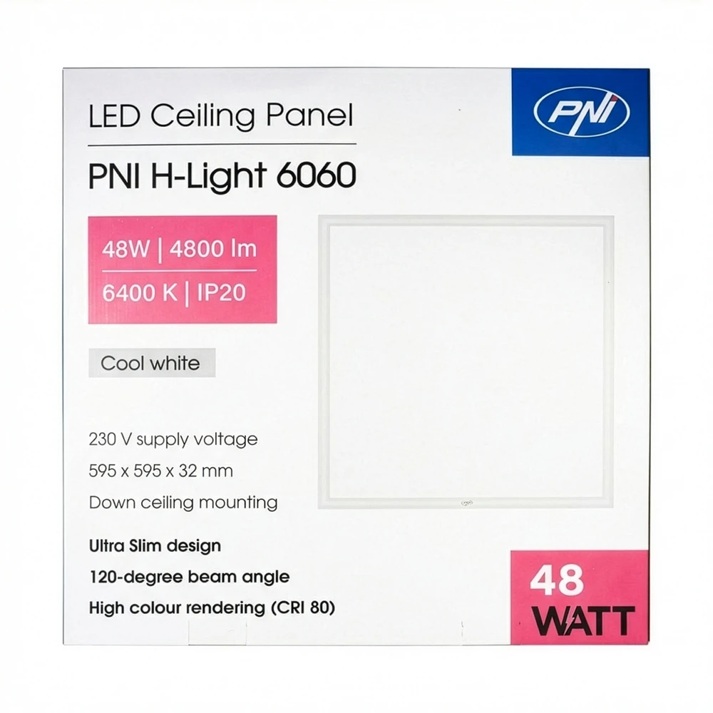 Lubinis šviestuvas PNI H-Light 6060 LED panelė, 48W, 600x600mm, 4800lm, 6400K, vidaus patalpoms, įleidžiama, šaltai balta