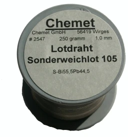 Lydmetalis Bi55.5Pb44.5 1.00mm 250g žemos lydymosi temperatūros be fliuso Chemet (tik profesional naudojimui)