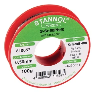 Lydmetalis Sn60Pb40 0.50mm su fliusu 2.2% Kristall400 100g, Stannol (tik profesionaliam naudojimui)