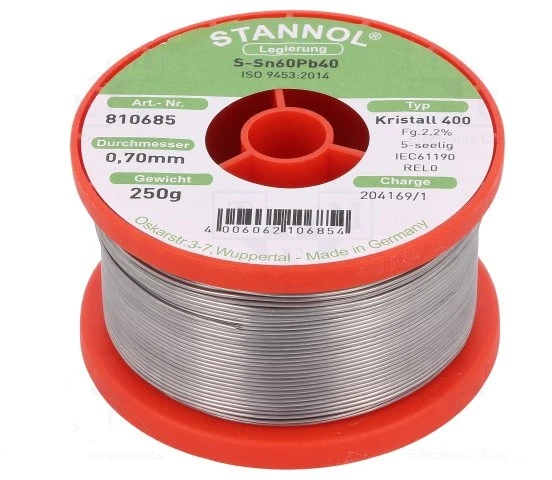 Lydmetalis Sn60Pb40 0.70mm su fliusu 2.2% Kristall400 250g, Stannol (tik profesionaliam naudojimui)