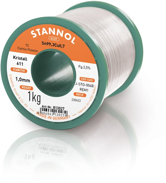 Lydmetalis Sn99.3Cu0.7 1.00mm 1000g su fliusu 2.5% Kristall611 Stannol