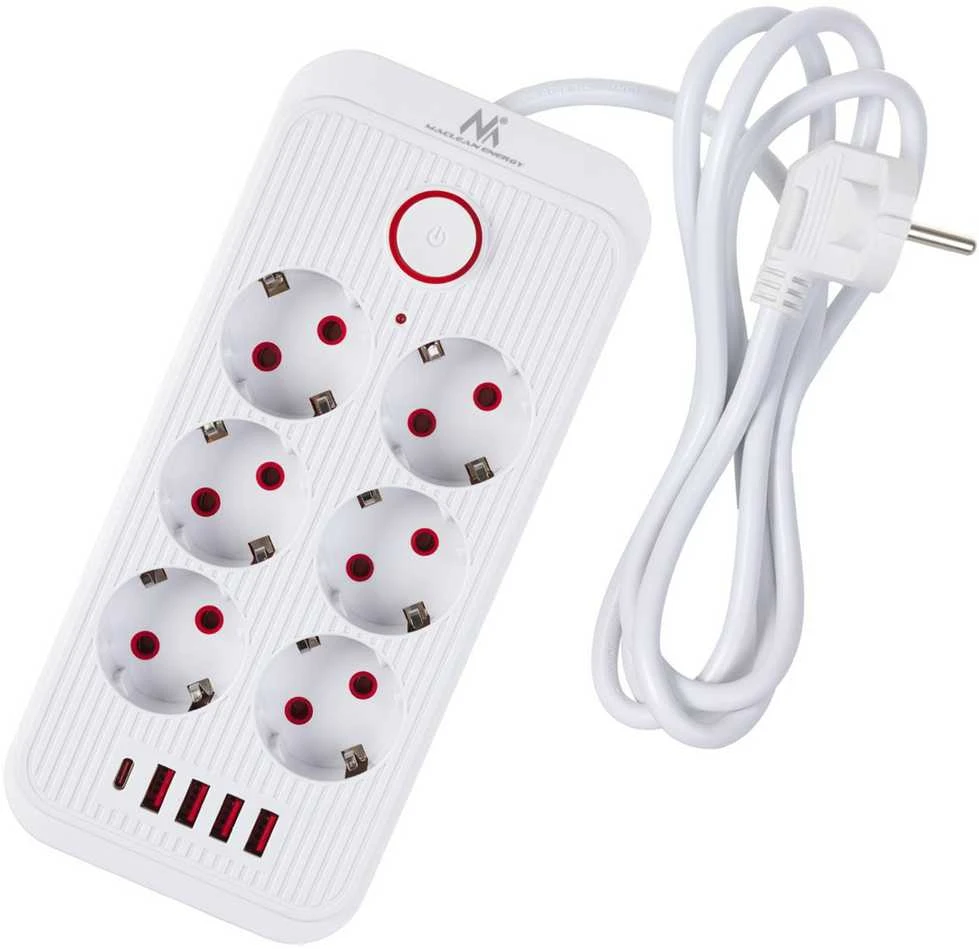 „Maclean“ maitinimo jungtis, 6 lizdų prailgintuvas + 4xUSB, 110-240V AC 50/60Hz, 2.1A max 2500W, 1.5 m, baltas, MCE389 W