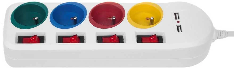 Maclean maitinimo juostelė, ilgintuvas 4 lizdai + 2xUSB, su jungikliais, 250VAC/10A, 2.1A 5V, 1.5m, baltas, MCE229 W