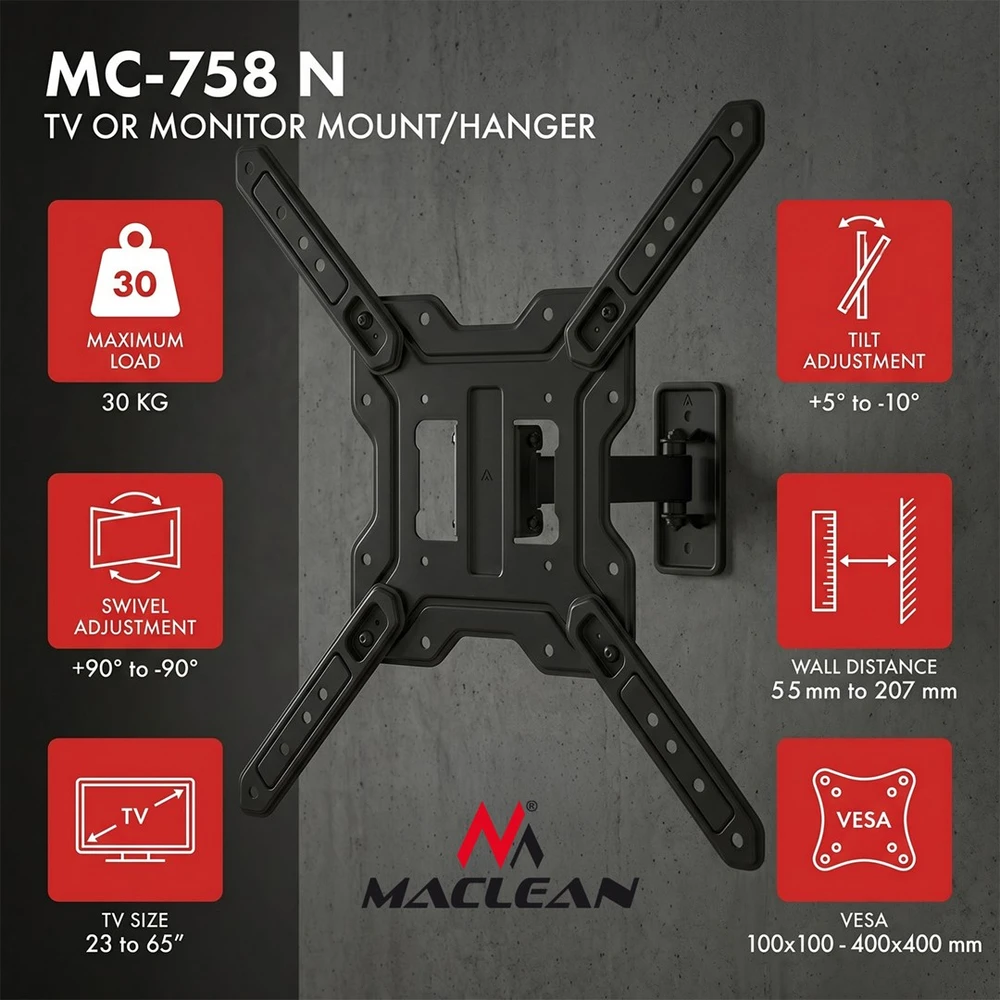 Laikiklis „Maclean“ televizoriaus arba monitoriaus laikiklis/pakabiklis, maks. 23–65", maks. apkrova 30 kg, universalus, maks. VESA 400x400, MC-758 N