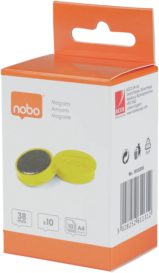 Magnetai Nobo, 38mm, geltonos spalvos, 10 vnt./pak.